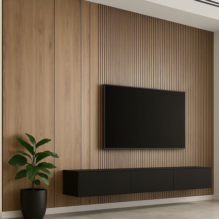 קיר טלוויזיה מחופה עץ בסלון